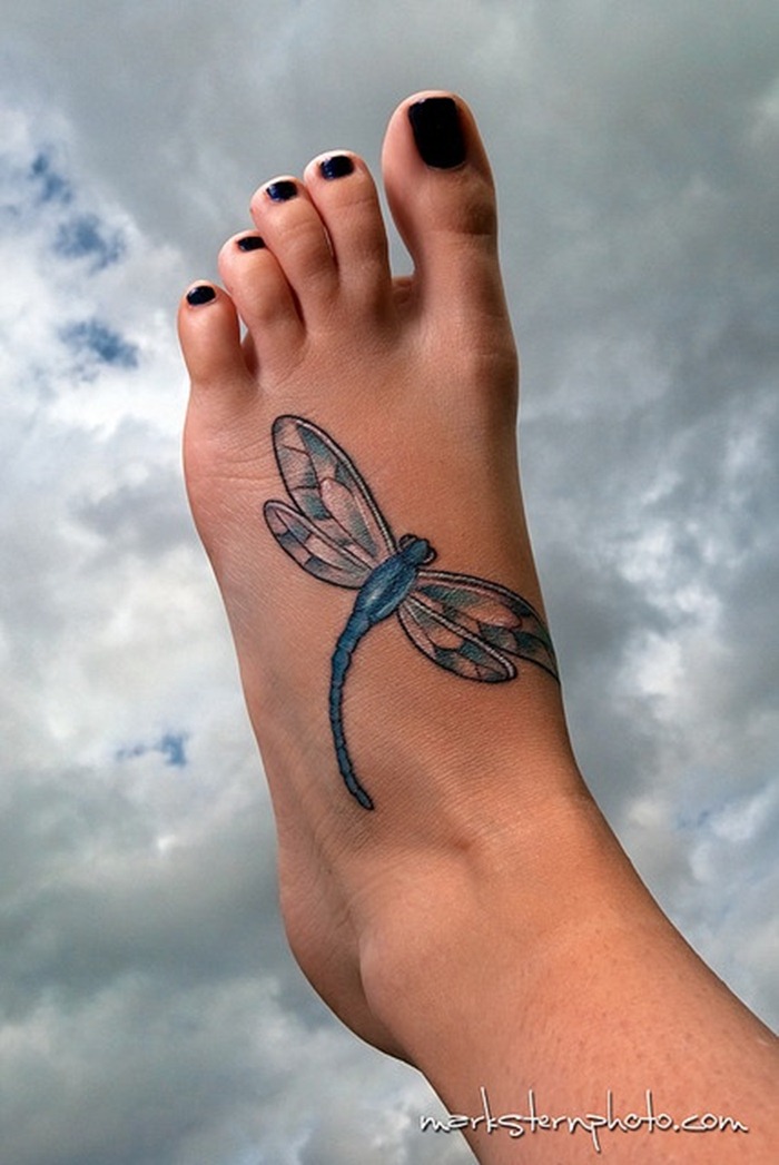 Blue Dragonfly Tattoo On Foot For Girls