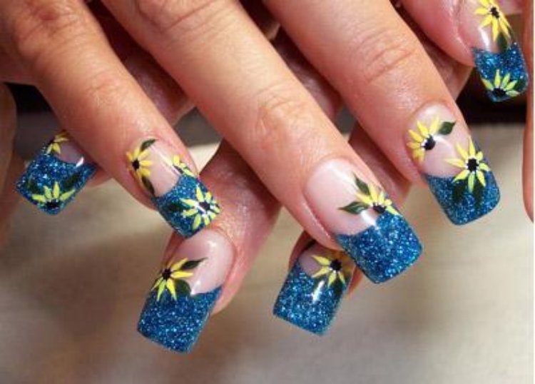 Blue French Tip Glitter Gel Nail Art With Flowers Design
