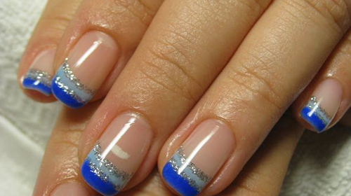 Blue Gel Nails And Silver Glitter Nail Art