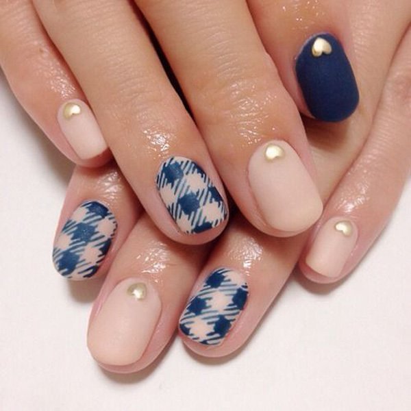 Blue Gingham And Matte Nail Art