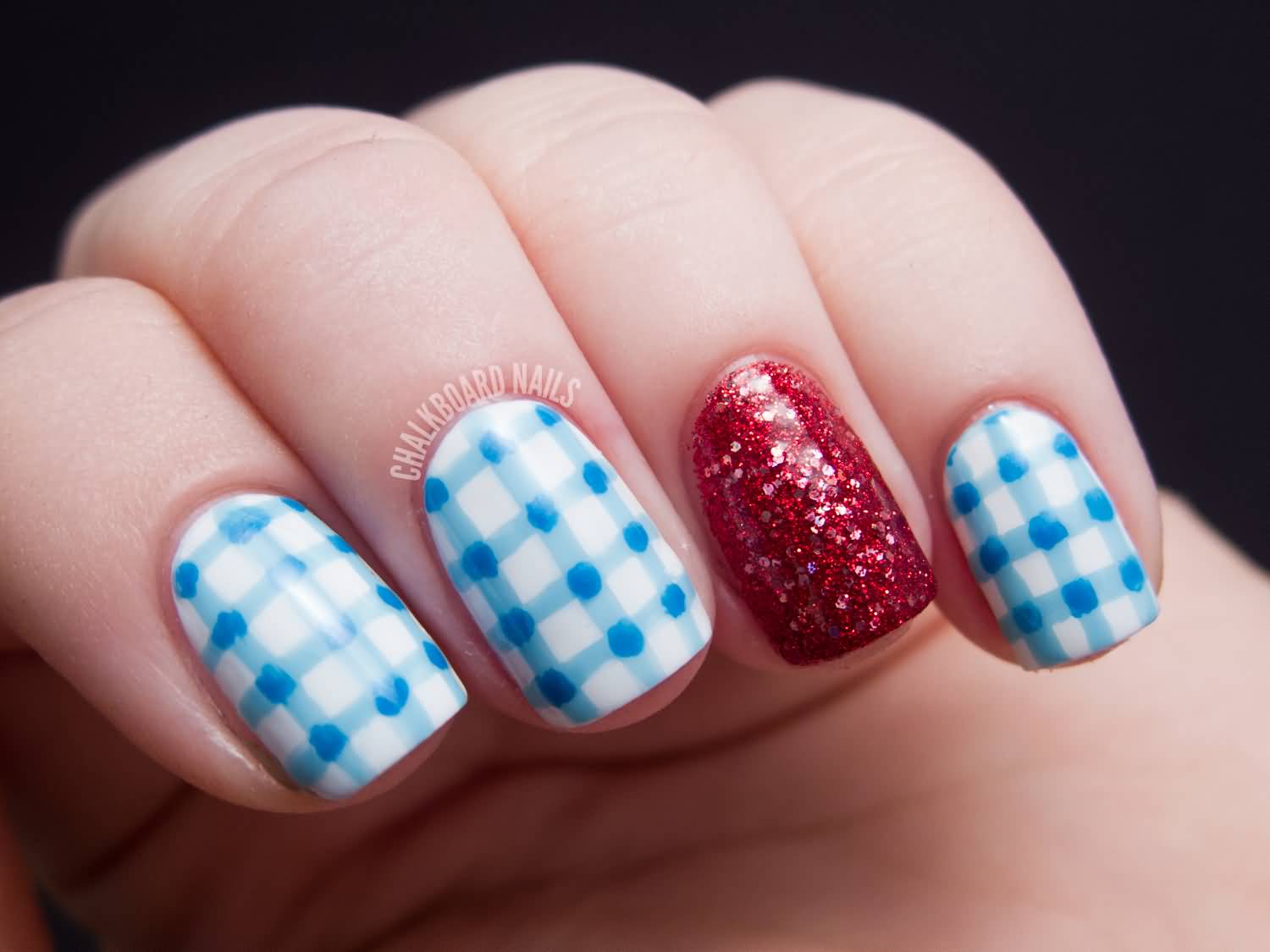 Blue Gingham Nail Art With Accent Red Glitter Design