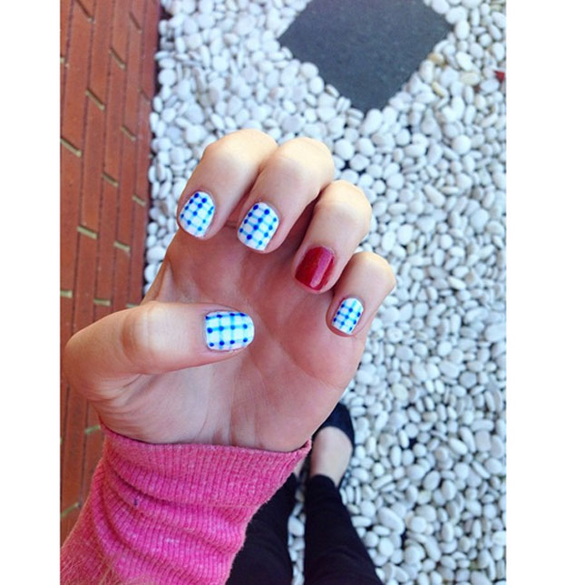 Blue Gingham Nail Art With Accent Red Nail Design