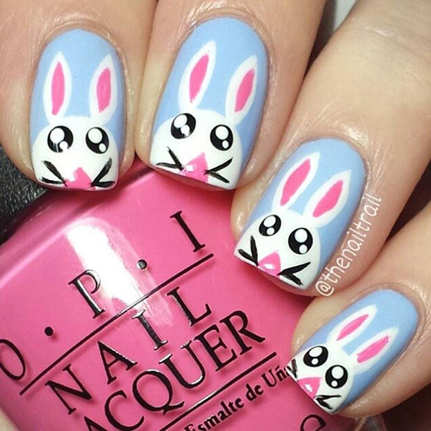 Blue Matte Nails With White Easter Bunny Nail Art
