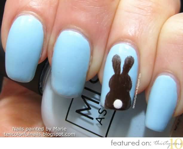 Blue Nails With Brown Easter Bunny Nail Art