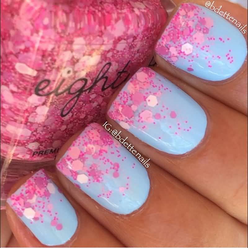 Blue Nails With Pink Color Splatter Spring Nail Art