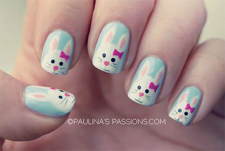 Blue Nails With White Easter Bunny Nail Art