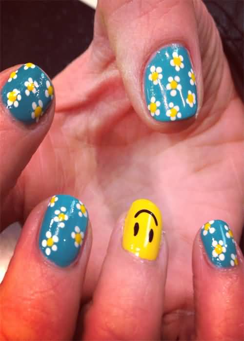 Blue Nails With White Spring Flowers And Smiley Nail Art