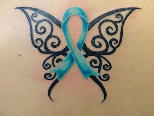 Blue Ribbon For Cancer Butterfly Tattoo