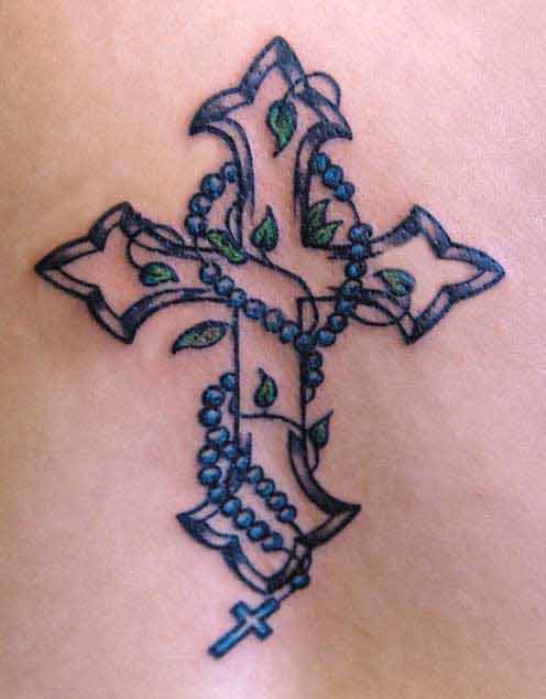 Blue Rosary Cross Tattoo
