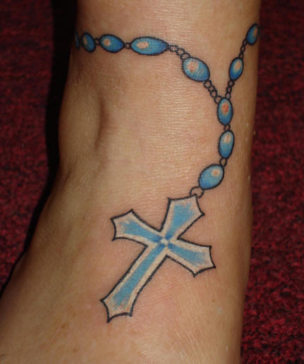Blue Rosary Foot Tattoo