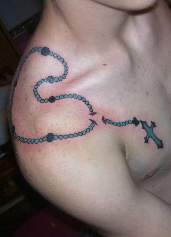 Blue Rosary Tattoo On Shoulder For Men
