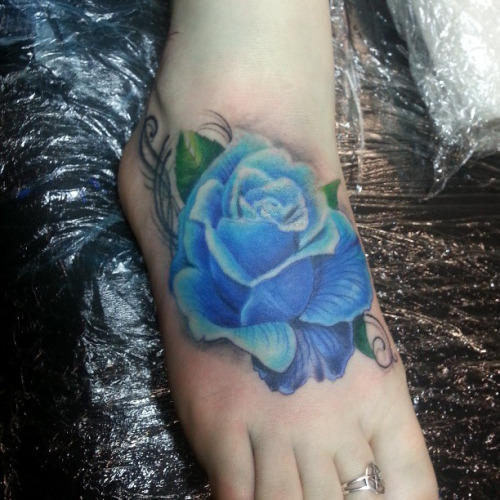 Blue Rose Flower Tattoo On Foot