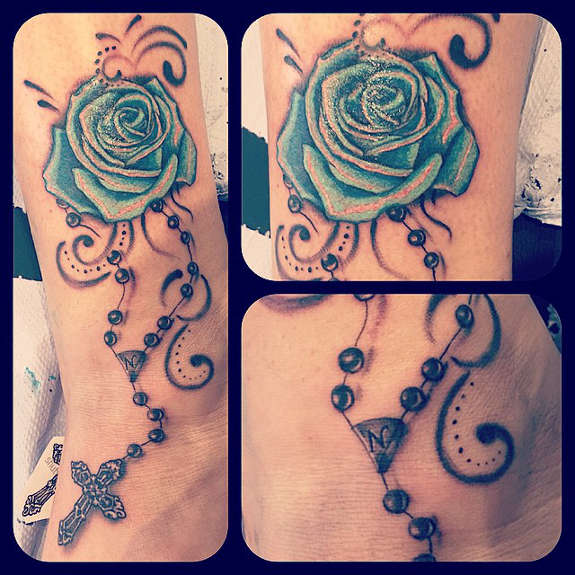 Blue Rose With Rosary Tattoo