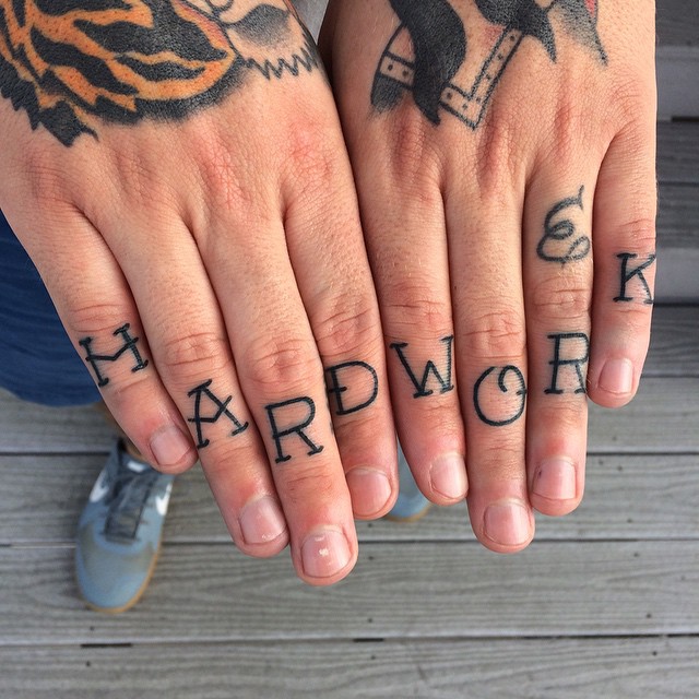 Both Hand Fingers Hard Work Wording Tattoo