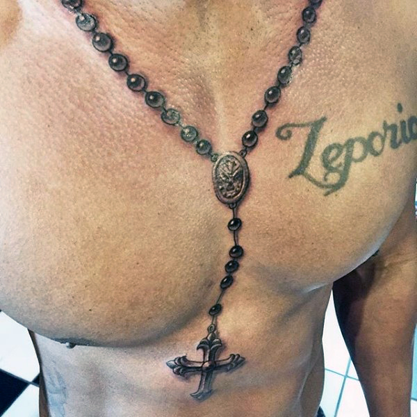 Brilliant 3D Rosary Tattoo On Chest
