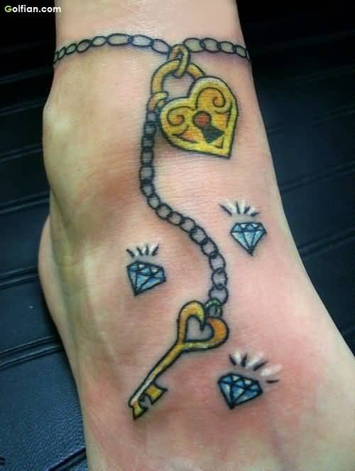 Brilliant Heart Lock And Key Bracelet Tattoo On Ankle