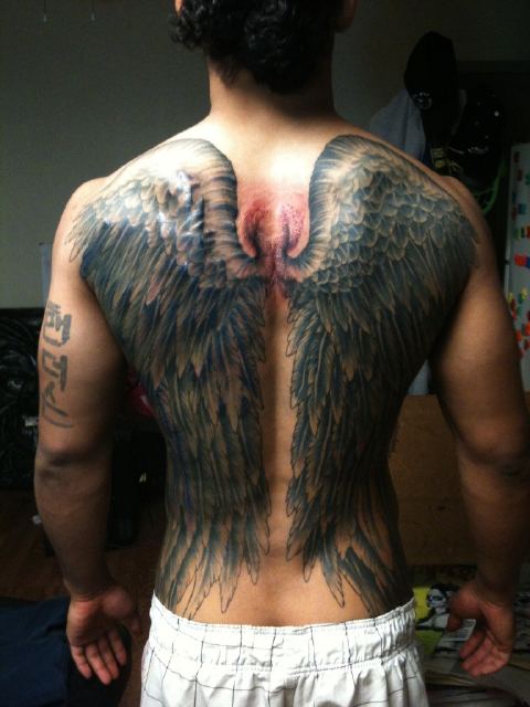 Brilliant Large Angel Wings Tattoo On Full Back