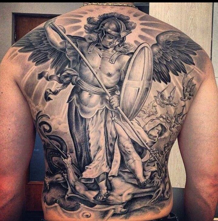 Brilliant Warrior Angel Fighting Tattoo On Full Back