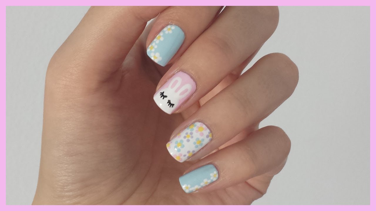 Bunny Face And Spring Flowers Nail Art