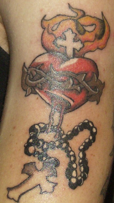 Burning Rosary Heart Tattoo