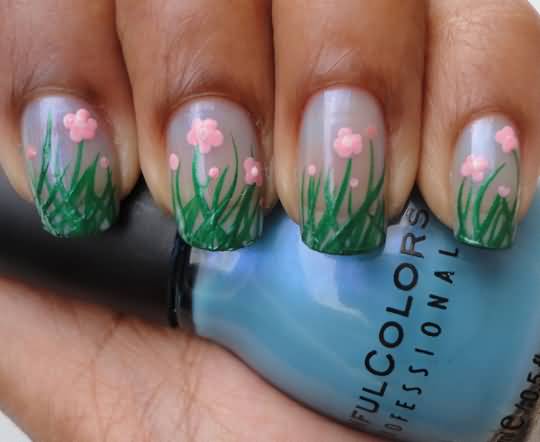 Bushes And Spring Flowers Nail Art