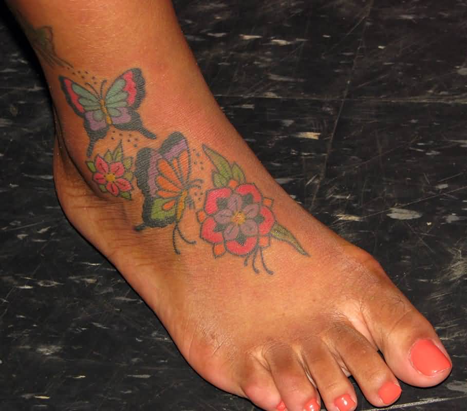 Butterflies And Flowers Traditional Tattoo For Women