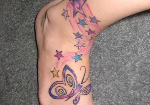 Butterflies And Shooting Stars Tattoo On Foot And Ankle