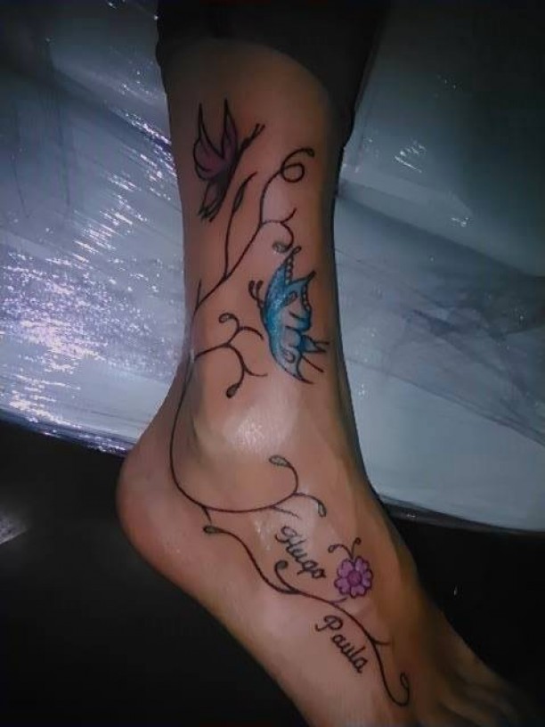 Butterflies Floral Vine Tattoo On Ankle And Foot