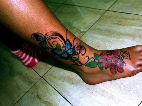 Butterfly And Flowers Foot And Ankle Tattoo