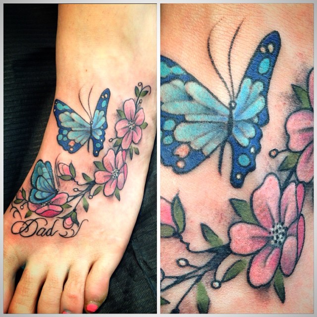 Butterfly And Flowers Memorial Foot Tattoo For Dad