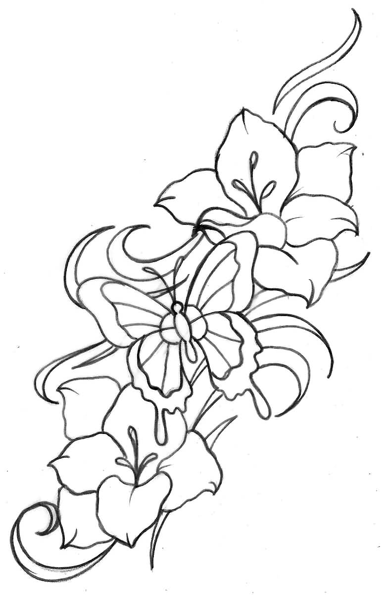 Butterfly And Flowers Tattoo Design