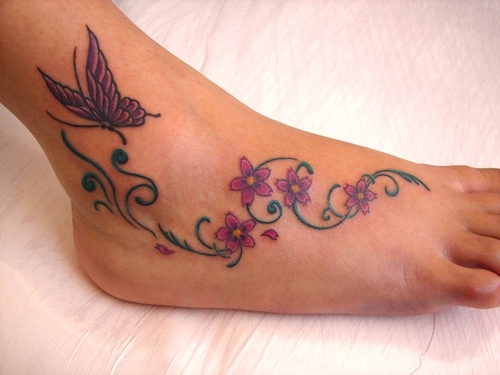 Butterfly And Flowers Tattoo On Foot