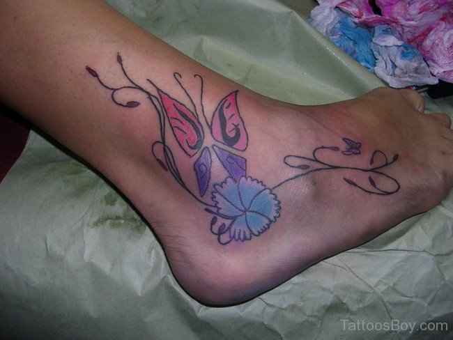 Butterfly And Hibiscus Flower Tattoo On Ankle