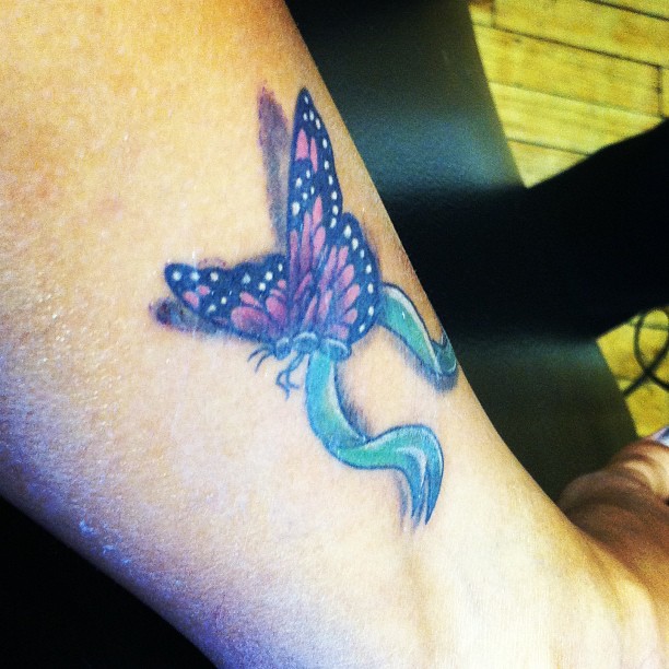 Butterfly And Ribbon Tattoo On Ankle