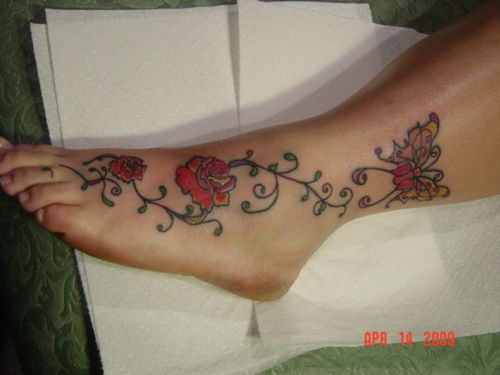 Butterfly And Rose Vine Tattoo On Ankle And Foot