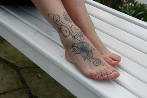 Butterfly Flower Black And White Foot Tattoo