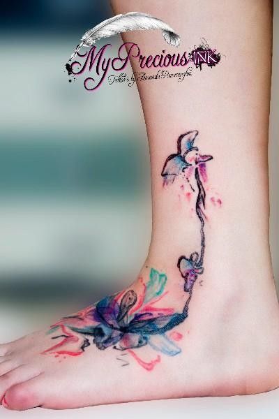 Butterfly Flower Watercolor Foot Tattoo