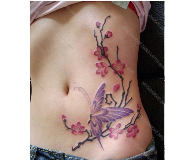 Butterfly On Cherry Blossom Branch Tattoo For Girls
