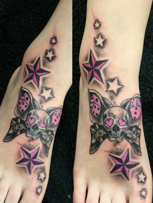 Butterfly Skull With Nautical Stars Tattoo On Foot
