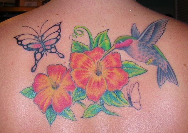 Butterfly With Flowers And Hummingbird Tattoo On Upper Back