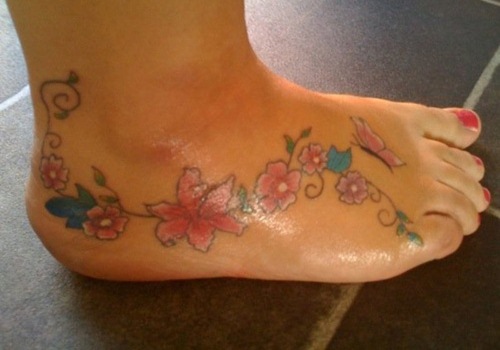 Butterfly With Flowers Colorful Tattoo On Foot For Girls