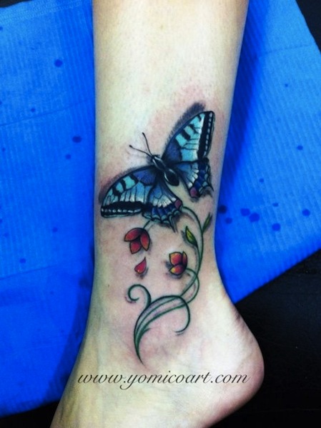 Butterfly With Flowers On Ankle Tattoo By Y Moreno