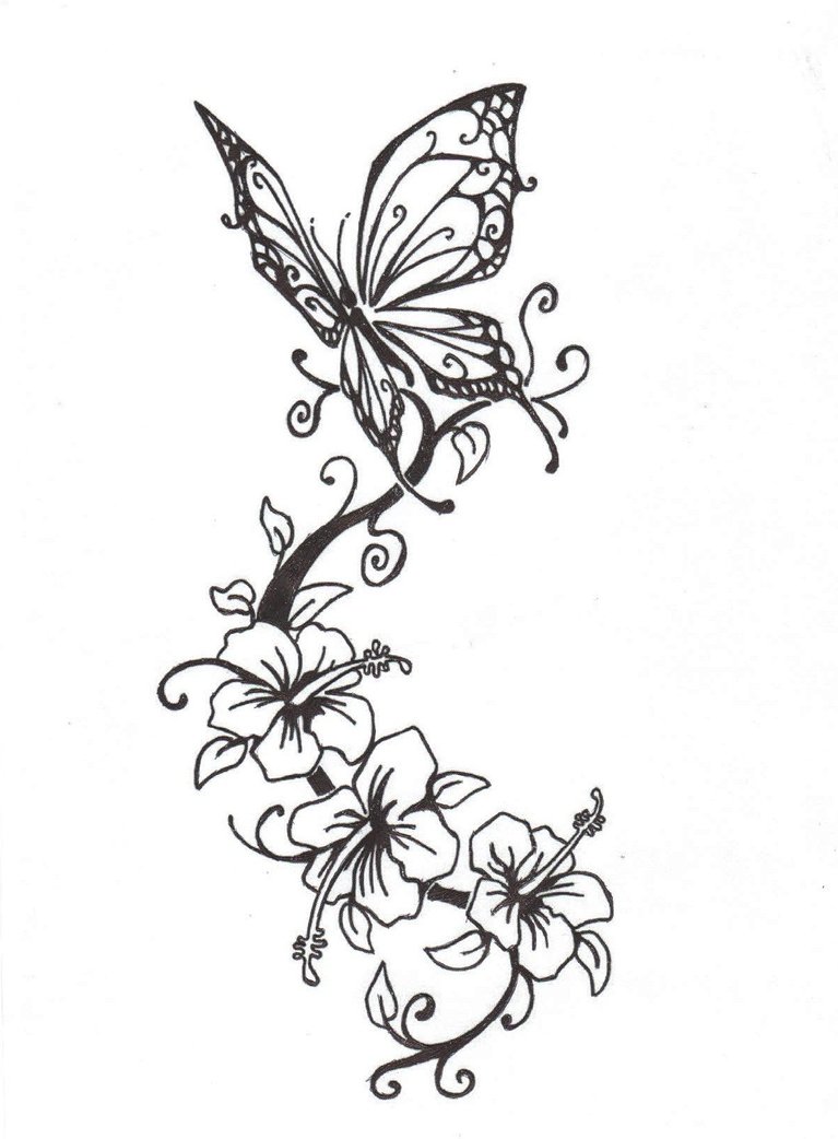 Butterfly With Hibiscus Flowers Tattoo Stencil