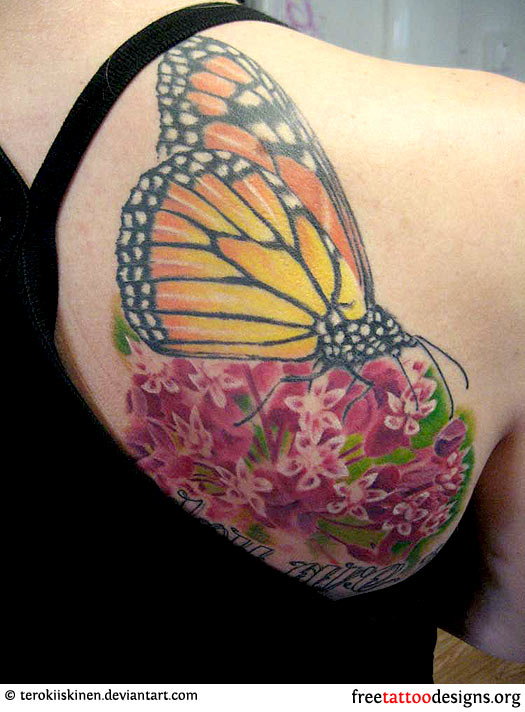Butterfly With Pink Flowers Tattoo For Women