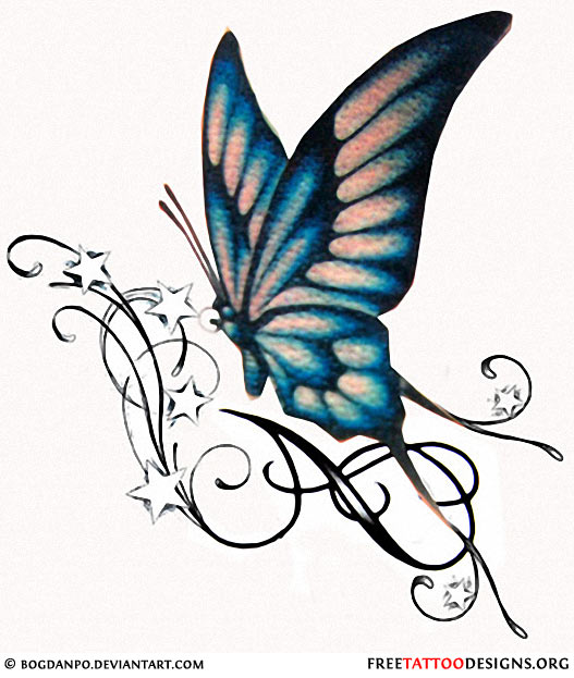 Butterfly With Swirls And Stars Tattoo Design