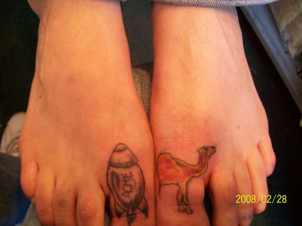 Camel And Missel Tattoos On Big Toes