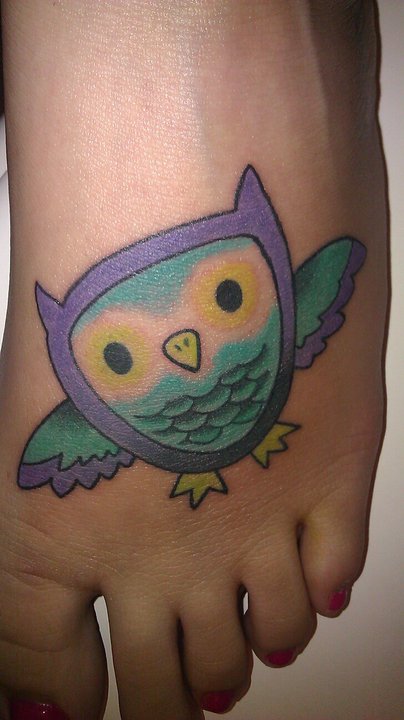 Cartoon Owl Tattoo On Foot By David myrick