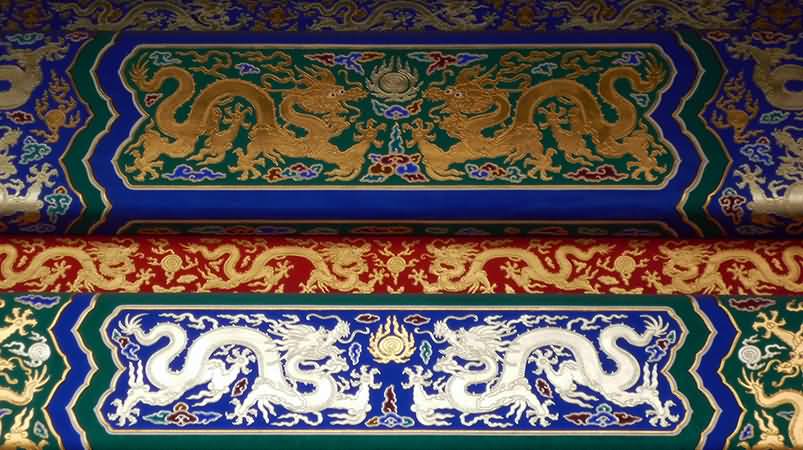 Carved And Painted Dragons Palace Lintel In Forbidden City