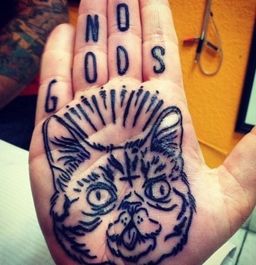 Cat Tattoo On Hand Palm For Men