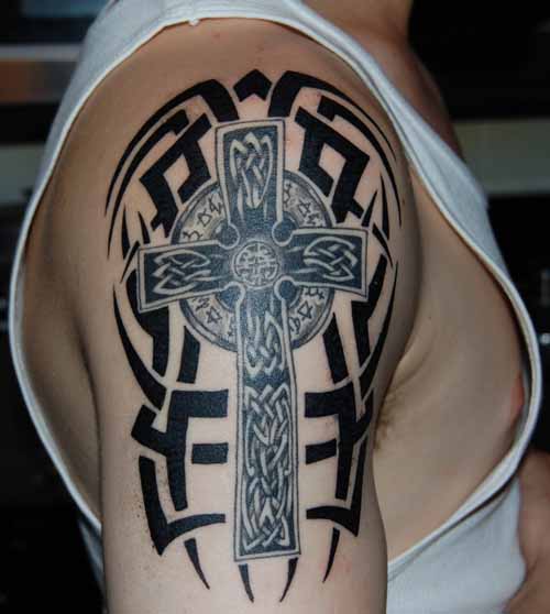 Celtic Tribal Christian Cross Tattoo On Shoulder